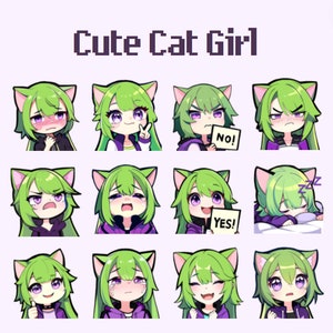 Cute Kawaii Chibi Green Hair Cat Girl - 12 Twitch/Discord/YouTube Emotes Pack