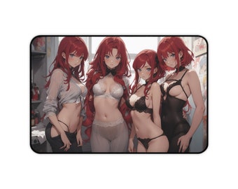 Sexy Redhead Anime Waifus in Lingerie Panties Desk Mat