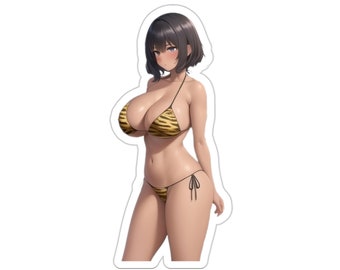 Sexy Anime Waifu in Leopard Print Bikini Die-Cut Stickers