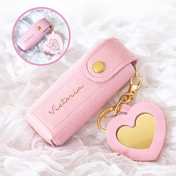 Engraved Lipstick Keychain with Mirror,Personalized Birth Flower Case,Custom PU Leather Lip Balm Holder,Custom Keyring,Valentines Keychain