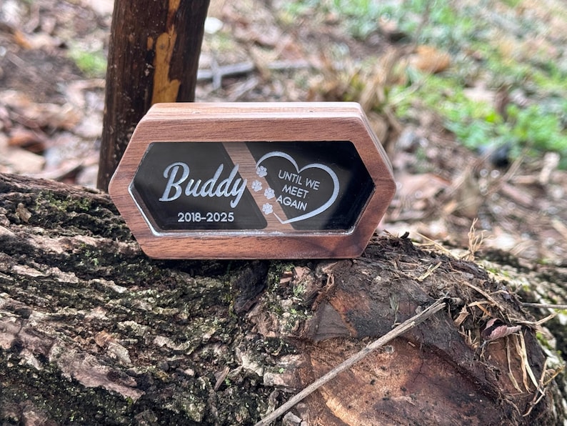 May include: A wooden pet memorial box with a black glass front. The name "Buddy" and dates "2018-2025" are displayed in white script. The right side has a heart with the words "Until We Meet Again".