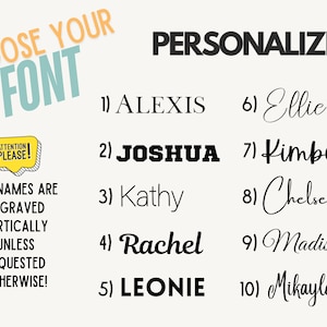 May include: A graphic displaying 10 different font styles for personalised items. The text reads "Choose Your Font" and "Personalize". The font styles are numbered 1 through 10 and include names such as Alexis, Joshua, Kathy, Rachel, Leonie, Ellic, Kimberly, Chelsea, Madison, and Mikayla.
