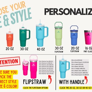 May include: A range of stainless steel tumblers in various sizes and colours. The tumblers come in 16, 20, 30, and 40 ounce sizes. Some tumblers have a handle and a flip straw, while others have a handle only. The tumblers are available in colours such as blue, green, pink, and orange.