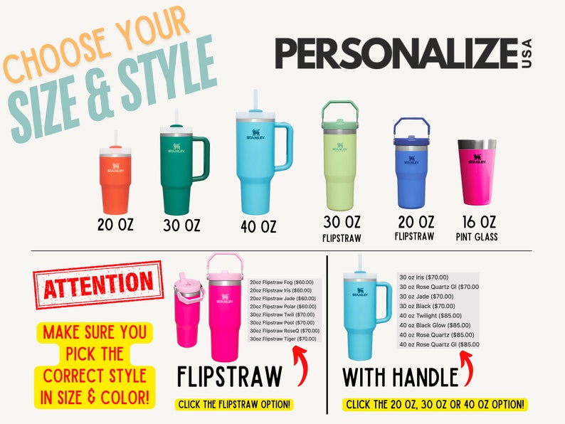 May include: A range of stainless steel tumblers in various sizes and colours. The tumblers come in 16, 20, 30, and 40 ounce sizes. Some tumblers have a handle and a flip straw, while others have a handle only. The tumblers are available in colours such as blue, green, pink, and orange.