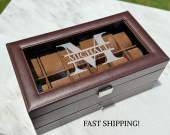 Caixa de relógio personalizada gravada, estojo de couro personalizado para relógios masculinos com 12 compartimentos, estojo para exibição de relógios, joias e caixa de relógios para marido e namorado
