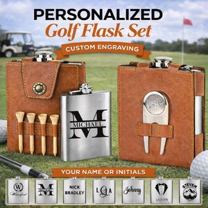 May include: A personalized golf flask set with custom engraving. The set includes a stainless steel flask with a monogram, a brown leather case, and golf accessories. The text "PERSONALIZED Golf Flask Set" is visible.