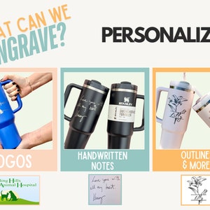 May include: Three stainless steel travel mugs with different personalisation options. The first mug is blue with a logo for Rolling Hills Animal Hospital. The second mug is black with handwritten text. The third mug is pink with a floral outline and the name "Lilly".