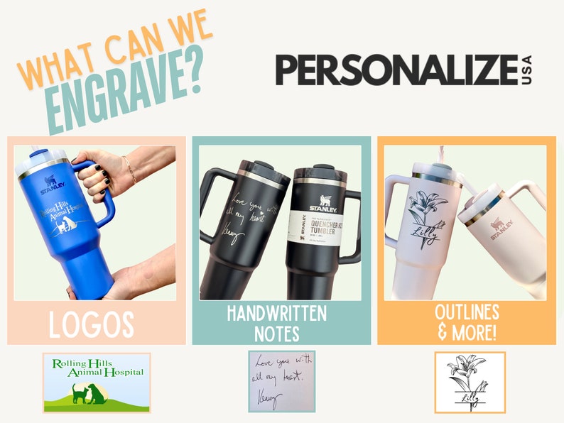 May include: Three stainless steel travel mugs with different personalisation options. The first mug is blue with a logo for Rolling Hills Animal Hospital. The second mug is black with handwritten text. The third mug is pink with a floral outline and the name "Lilly".