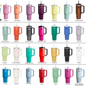 May include: A range of colours of stainless steel tumblers with handles and straws. The colours include: peony, nectarine, lilac, plum, pomelo, mint, maple glow, vivid violet, passion pink, eucalyptus, tigerlily, black glow, electric pink, alpine, iris, orchid, bright lime, golden rod, citron, rose quartz, tropical teal, neon orange, yarrow, black, white, hibiscus, deep purple, azure, cream, heather, chili, jade, fuchsia, cool serene brushstrokes, and grey rock.