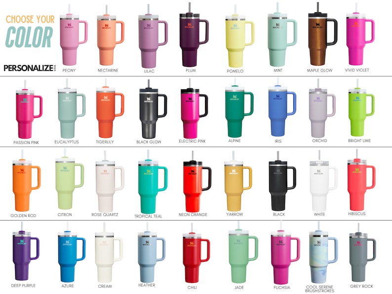 May include: A range of colours of stainless steel tumblers with handles and straws. The colours include: peony, nectarine, lilac, plum, pomelo, mint, maple glow, vivid violet, passion pink, eucalyptus, tigerlily, black glow, electric pink, alpine, iris, orchid, bright lime, golden rod, citron, rose quartz, tropical teal, neon orange, yarrow, black, white, hibiscus, deep purple, azure, cream, heather, chili, jade, fuchsia, cool serene brushstrokes, and grey rock.
