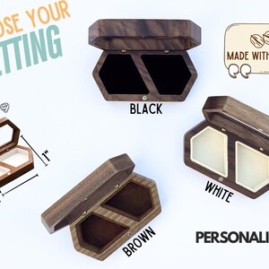May include: Wooden ring boxes in black, brown, and white interiors. The boxes are made with walnut and are approximately 4 inches long and 1 inch high. The text "CHOOSE YOUR SETTING" is visible.