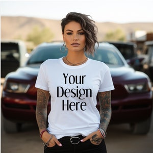 Bella Canvas 3001 Tshirt Mockup, White T-shirt Mock Up, T-Shirt Mockup, Model with Tattoos shirt Mock up, Tattoo Female Model Shirt Mockup