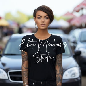 Bella Canvas 3001 Tshirt Mockup, White T-shirt Mock Up, T-Shirt Mockup, Model with Tattoos shirt Mock up, Tattoo Female Model Shirt Mockup