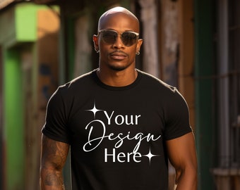 Gildan 64000 Black Mockup | G640 Black Tshirt Mockup | Gildan Black TShirt Mock-up | Black Gildan 64000 Male Model Mockup l Outdoor Mockup