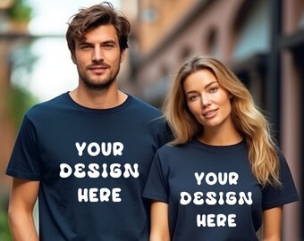 Modelmodellen voor een paar| Bella canvas 3001 koppelmodel| Blauw T-shirtmodel| Shirtmodellen voor heren en dames| Model Mockup-shirt