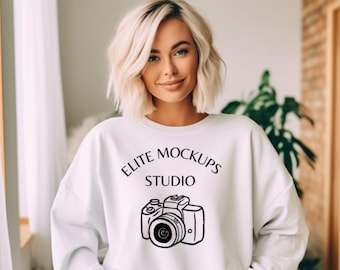 Gildan 18000 Maquette, Gildan 18000 Maquette blanche, Gildan 18000 Blanc, Maquette de sweat-shirt blanc Gildan, Maquette de modèle de sweat-shirt, Maquette simple