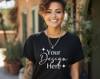 Gildan 64000 Black Shirt Mockup | G640 Black Tshirt Mockup | Gildan Black TShirt Mock-up | Black Gildan 64000 Model Mockup l Outdoor Mockup