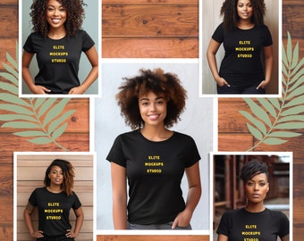 Black Bella Canvas 3001 T-Shirt Mock Bundle l Tshirt Mockup Bundle l Black Women Tshirt Mockup | African American Woman Model Mockup