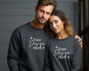 Dark Heather Gildan 18000 Mockup, Men women mockup, Couple 18000 mockup, Husband Wife Crewneck mock, Gildan 18000 mockup, Couple crewneck