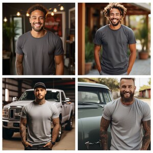 May include: Three men wearing gray t-shirts. The man on the left is standing in a workshop, the man in the middle is standing outside, and the man on the right is standing in front of a vintage car.