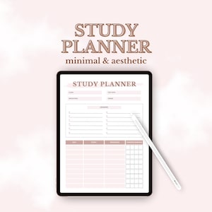 May include: A digital study planner on a tablet with a white stylus. The planner has sections for class, assignments, lessons, and a daily schedule with columns for day, topic, readings, and understanding.