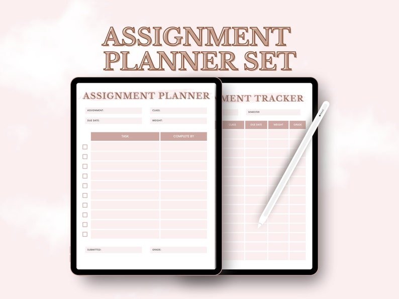 May include: Two digital planner templates displayed on a tablet screen. The left template is labelled "Assignment Planner" and includes sections for assignment, due date, class, weight, task, complete by, submitted, and grade. The right template is labelled "Assignment Tracker" and includes sections for class, due date, weight, and grade.