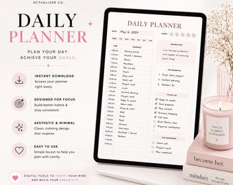 Daily Digital Planner for iPad | Minimalist Productivity Planner | Printable Pink Planner for Focus, Organization & Self Improvement