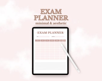 May include: A digital tablet with a white background and a light brown border. The screen displays a digital planner with the text "Exam Planner" at the top. The planner is divided into sections for "Year", "Class", "Date", "Description", and "Notes". A white stylus is lying next to the tablet.