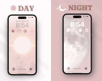 Ästhetisches 'Tag / Nacht' iOS Icon Pack, Minimales iOS Icon Pack, Soft Wallpaper, Ästhetische App Cover, Minimal iPhone Widgets, Pink Wallpaper