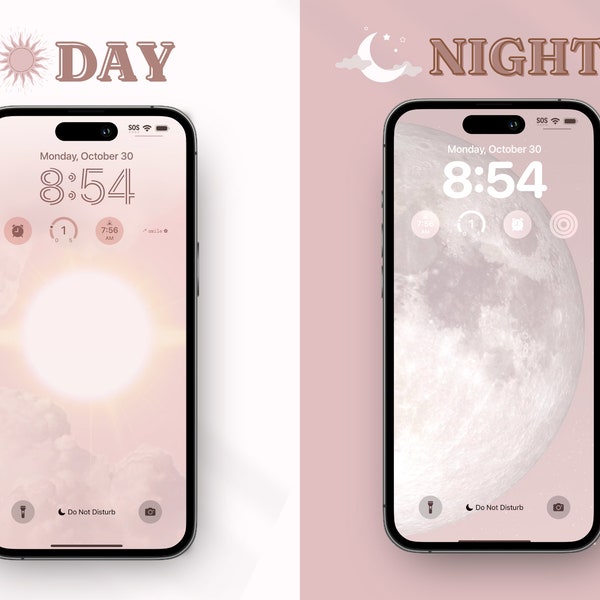 Ästhetisches 'Tag / Nacht' iOS Icon Pack, Minimales iOS Icon Pack, Soft Wallpaper, Ästhetische App Cover, Minimal iPhone Widgets, Pink Wallpaper