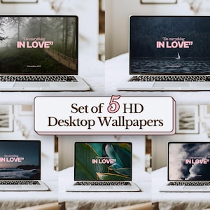 May include: Set of five HD desktop wallpapers featuring a laptop screen with the text "Do everything in love" on a variety of backgrounds, including a forest, a lake, a beach, and a field of green leaves.