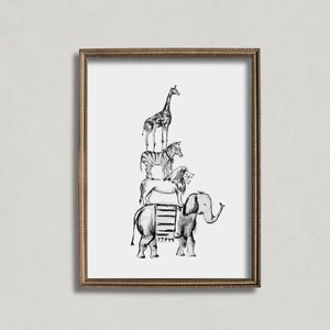 PRINTABLE stack of animals Drawing | Safari Nursery Wall Art | Minimalist Kids Room Art Decor | Animal wall art | Nursery Sketch Art