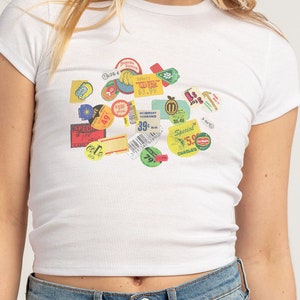 fruit sticker womens graphic baby tee | trendy y2k cropped shirt