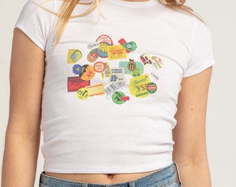 fruit sticker womens graphic baby tee | trendy y2k cropped shirt