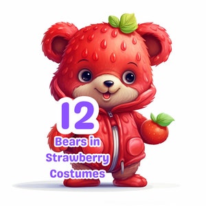 Teddy Bear Clipart em Strawberry Costumes Download digital, uso comercial, 300 DPI, PNG, fundo removido, adesivos