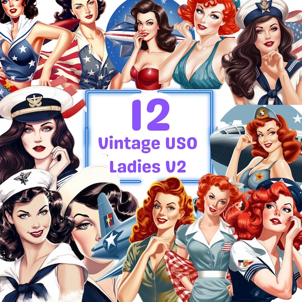 Vintage USO Ladies V2 Digital Download, 400 DPI, PNG, Background Removed, Art Print, Stickers, No Background, Ai Art