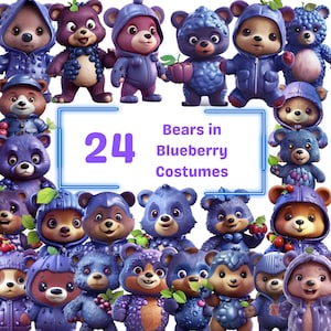 May include: 24 cartoon bears wearing blueberry costumes. The bears are in various poses and expressions. The text "Bears in Blueberry Costumes" is written in a blue box.