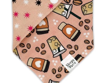 Iced coffee bean heart drink lover - Pet dog cat snap on reversible pet bandana accessories