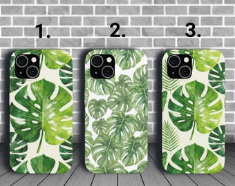 Custodia per telefono con foglie di palma e Monstera, adatta per iPhone 17, 16, 15, 14, 13, 12, 11, custodia botanica per telefono, Monstera Deliciosa, regali per gli amanti delle piante