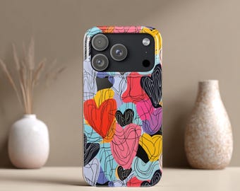custodia per telefono a forma di cuore astratto, custodia a forma di cuore colorato, custodia estetica per iPhone, custodia, custodia per telefono con arte moderna, custodia per telefono con design d'amore, custodia con motivo a cuore