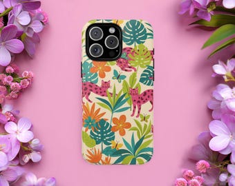 Custodia per telefono con motivo tropicale leopardato rosa, custodia per telefono con gatto botanico, motivo giungla leopardato rosa / iPhone 17 Pro Max Iphone 16 Pro Max, Pixel 9