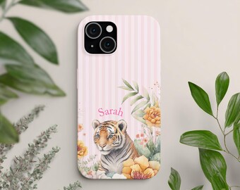 Custodia morbida per iPhone a righe rosa con motivo tigre tra i fiori per iPhone 17 16 15 14 13 12 Pro Max, custodia per Samsung Ultra e custodia per Google Pixel.