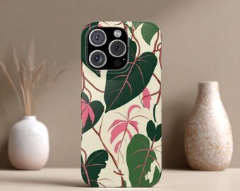 Custodia per telefono a forma di filodendro, custodia botanica per iPhone, custodia a forma di filodendro rosa, regali per gli amanti delle piante, pianta naturale, custodia a forma di filodendro rosa e verde.