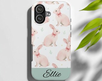 Custodia per telefono Coquette, custodia per telefono a forma di coniglio, custodia per telefono con nome, custodia personalizzata, custodia per telefono con fiocco rosa, regalo per lei, custodia per iPhone regalo di San Valentino.