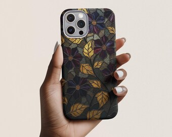 Stained Glass Phone Case, Mosaic Dark Academia Flower iPhone 16 15 14 13 12 11 Pro Max, S25 S24 S23 Ultra, Gift for Her