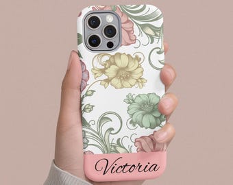 Custodia per iPhone con fiori vintage, custodia per telefono vintage, custodia per iPhone 17 16 15 14 13 12 11, custodia per telefono Samsung Galaxy, motivo floreale, custodia per telefono con nome