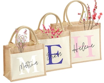 Sustainable jute bag personalized with name & initials | Jute and cotton shopping bag | Personalized gift