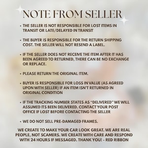 Peut inclure: Image cr&egrave;me avec le texte "NOTE FROM SELLER". Le texte d&eacute;taille les politiques du vendeur concernant les articles perdus, les retours et les cadres endommag&eacute;s. Le vendeur souligne son engagement envers la qualit&eacute; et le service client.