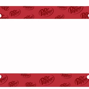 May include: Red license plate frame with a repeating pattern of the Dr Pepper logo in white. The frame has four mounting holes and a white interior.