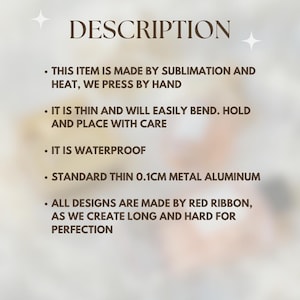 Peut inclure: Image avec le mot "DESCRIPTION" en marron. Les puces d&eacute;crivent les caract&eacute;ristiques de l'article : sublimation et chaleur, fin et pliable, &eacute;tanche, aluminium m&eacute;tallique standard de 0,1 cm, et motifs Red Ribbon.